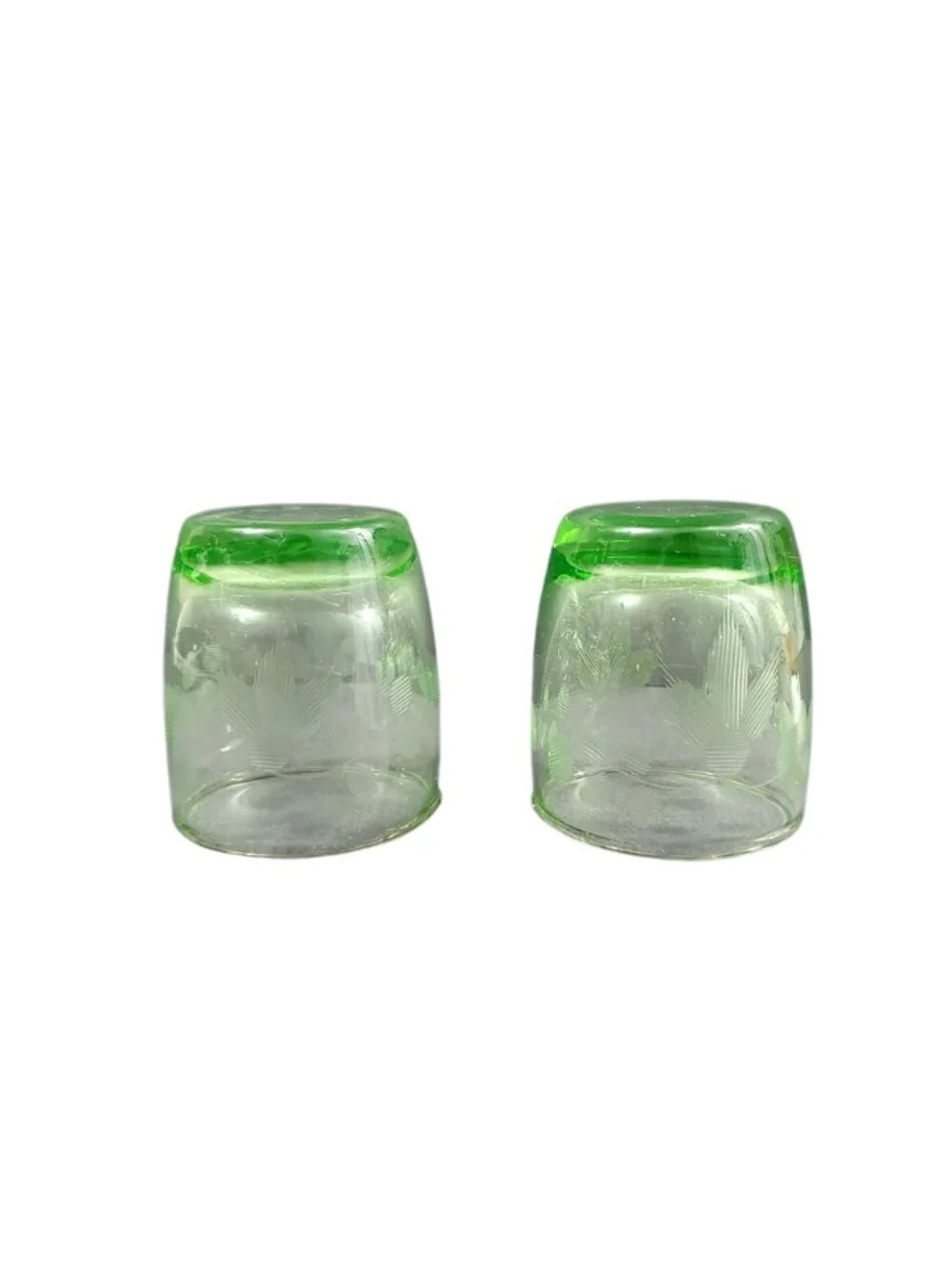 2 Vintage Uranium Vaseline Glass Shot Glasses Wheel Cut Etched Floral Glows 2
